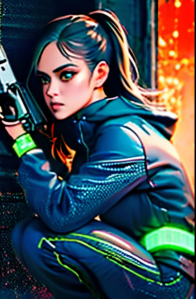 (grainy:0.5), cinematic,girl, space, serious, detailed eyes, detailed face, detailed futuristic clothes, lights in clothes, (aiming gun:1.1), (hiding:1.1), (squatting, looking to side:1.1), volumetric lighting, isolation, horror, dark lighting, red bioluminescent details, green bioluminescent details, blue bioluminescent details