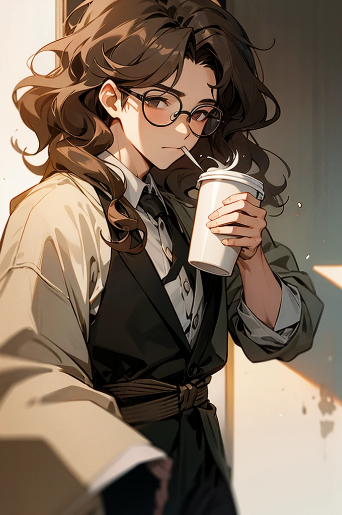 1 male boy, Wavy hair, wearing glasses, drinking coffee