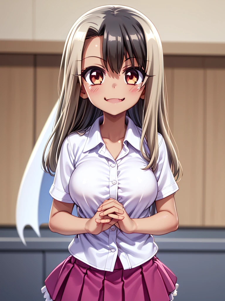 great quality ++ Extremely detailed high resolusionolution, (((very aesthetic))), expressive eyes, (((perfect face))), (((((face symmetrical))))), ((((perfect face)))), (((((good anatomy))))), (((perfect hands))), (((8k)))), UHD, HD wallpaper, (((high detailed calidra, (((((1girl)))))), only, ((((Masterpiece)))), ((((Best quality))))), ((((high resolution)))), Highly detailed, (illustration), beautiful detailed eyes, (((combatant))), (((1girl)))), (((((illyasviel von einzbern))))), (((brown eyes))), (((black hair))), (((long hair))), (((dark skin))), (((dark-skinned female))), (((tan))), (((tanlines))), (((hairclip))), (((white shirt))), (((collared shirt))), (((pleated skirt))), ((((fang)))), (((asymmetrical body))), (((asymmetrical hair))), (((asymmetrical clothes))), (((adult body))), (((milfication))), (((mature female))), (((((big breasts))))), ((((Blurred smile)))),
