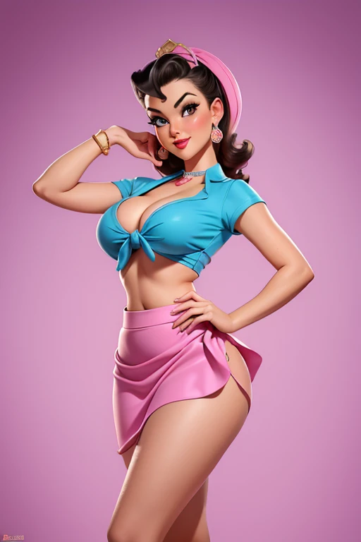 babara eden, hot, sexy, sexy body, gorgeous,dressed as genie, 1950's era, sexy 2 piece outfit, tight pink skirt, blouse tied in knot at bottom, exposed midriff, cleavage, pinup photo, pinup art, detailed, masterpiece, hi-res, high accuracy, alberto vargas style art,
