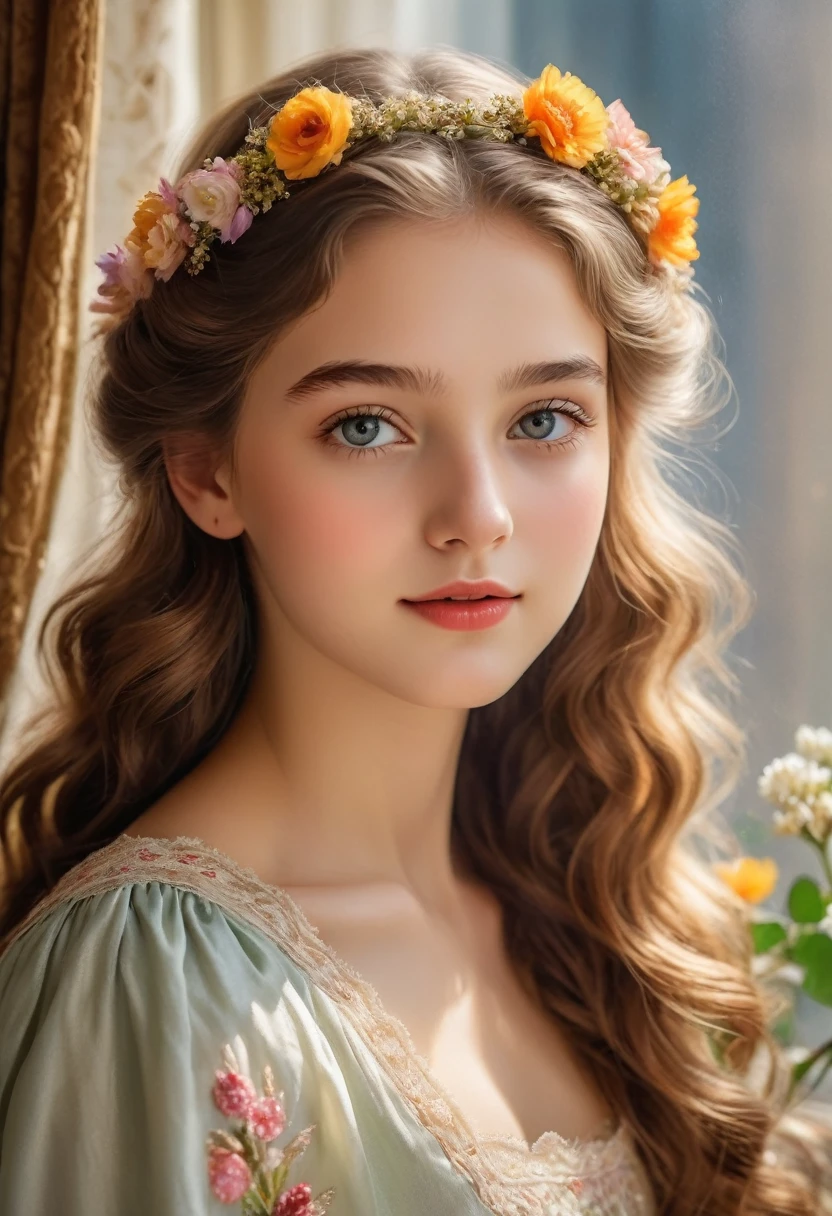 Portrait of a beautiful 16-year-old German girl in Munich in the 19th century: Oil painting of beautiful and delicate eyes, Beautiful and delicate lips, Extremely detailed eyes and face, Long eyelashes,Chestnut curly hair, Paired with delicate flower hair accessories,Elegant and gorgeous dresses in bright colors, Decorated with delicate lace and embroidery,Manicured hands holding a bouquet of flowers,Skin is soft and radiant, Healthy complexion,The eyes reveal the innocence and curiosity of youth,Beautiful figure,Gentle smile, The light sunlight shines in through the window, exuding eternal charm, A warm glow was cast on her face,Impeccable attention to lighting and shadows, Emphasizes a girl's natural beauty with rich and vibrant tones, Capturing the elegance and grandeur of 19th century Munich,Delicate brushwork and exquisite details, Demonstrating the artist's skill and mastery of the medium
(masterpiece:1.2), Extremely detailed, (Reality:1.37), HDR, Ultra HD, Professional portrait style, Reminiscent of the masters of that era,The overall atmosphere is warm and pleasant, Take the audience back to the past era