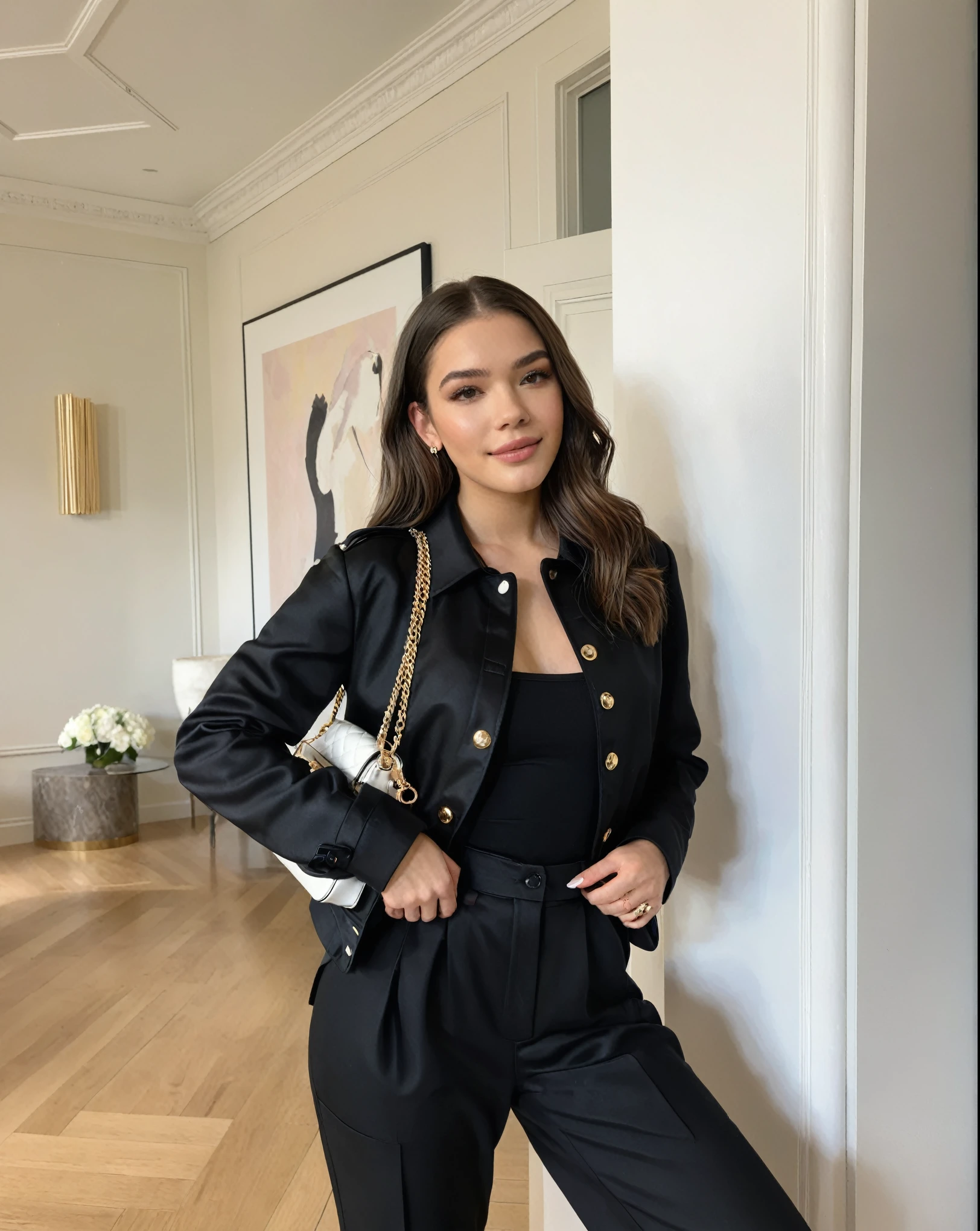 Hailee Steinfeld, araffe woman in negro suit posing in a room with a white purse, negro outfit, wearing in negro clothes, olivia culpo, dressed all in negro, Morena, camisa corta con chaqueta, casual negro clothing, negro, ámbar, retrato de demi rosa