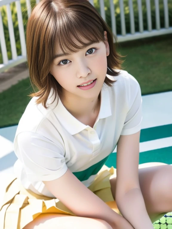 (Masterpiece, Best quality: 1.4), (Ultra realistic, Photo-realistic: 1.2), Full body, Spread legs, Looking at viewer, Natural light, 30 years old actress, Japanese women, Neat and clean, ((Wearing white tennis uniform, White short-sleeve polo shirt with collar, Not buttoning the polo shirt, White pleated skirt: 1.2)), (Short wavy hair: 1.2), Light brown hair color, (Beautiful Face), Oval face, clear, (Beautiful eyes, Kind eyes), (Clear skin), Small face, (Small mouth, Beautiful mouth), Natural makeup, (Wearing white socks: 1.1), Approachable, Hotel Suite room,On bed, Seductive smile, Seductive pose, Beautiful thighs, Bedroom eyes, Embarrassed, blush