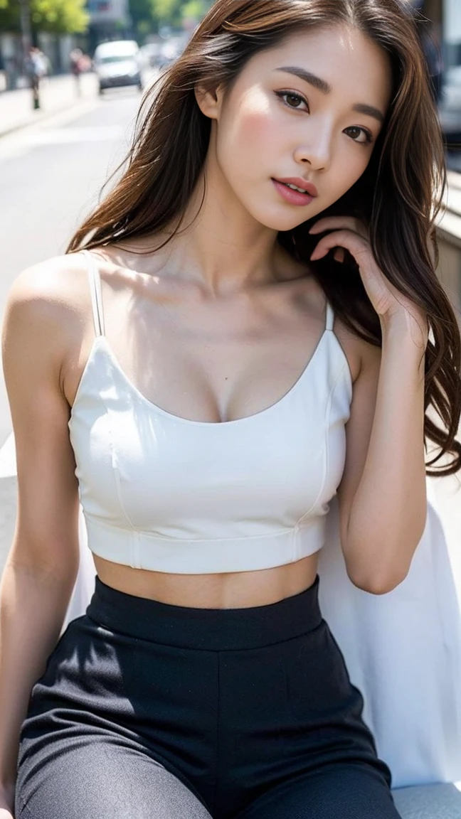 dark brown hair、Light brown eyes、Japanese actress、I am about 40 years old...、(My NTR More about my category:1.2)、(top-qual私ty:1.4)、 (Ultra-high resolution:1.2)、Ultra-high resolution、(Private Detective Data)、(Detailed facial features)、Hmph、8K resolut私on、D cup breasts、Long Hair、Obscene pose、Beautiful legs、Please open your mouth a little、Please lift your chin up a little、Light of the sun、A fashionable street in Paris、In front of the cafe、２Book legs、２Book Hand、Beautiful legs、Expressions of weakness、Posing with a sense of vulnerability、Shooting from an angle、Halter neck、chanel costume、Fashion Model、Wide-leg trousers、Crop top、Chanel fashion、