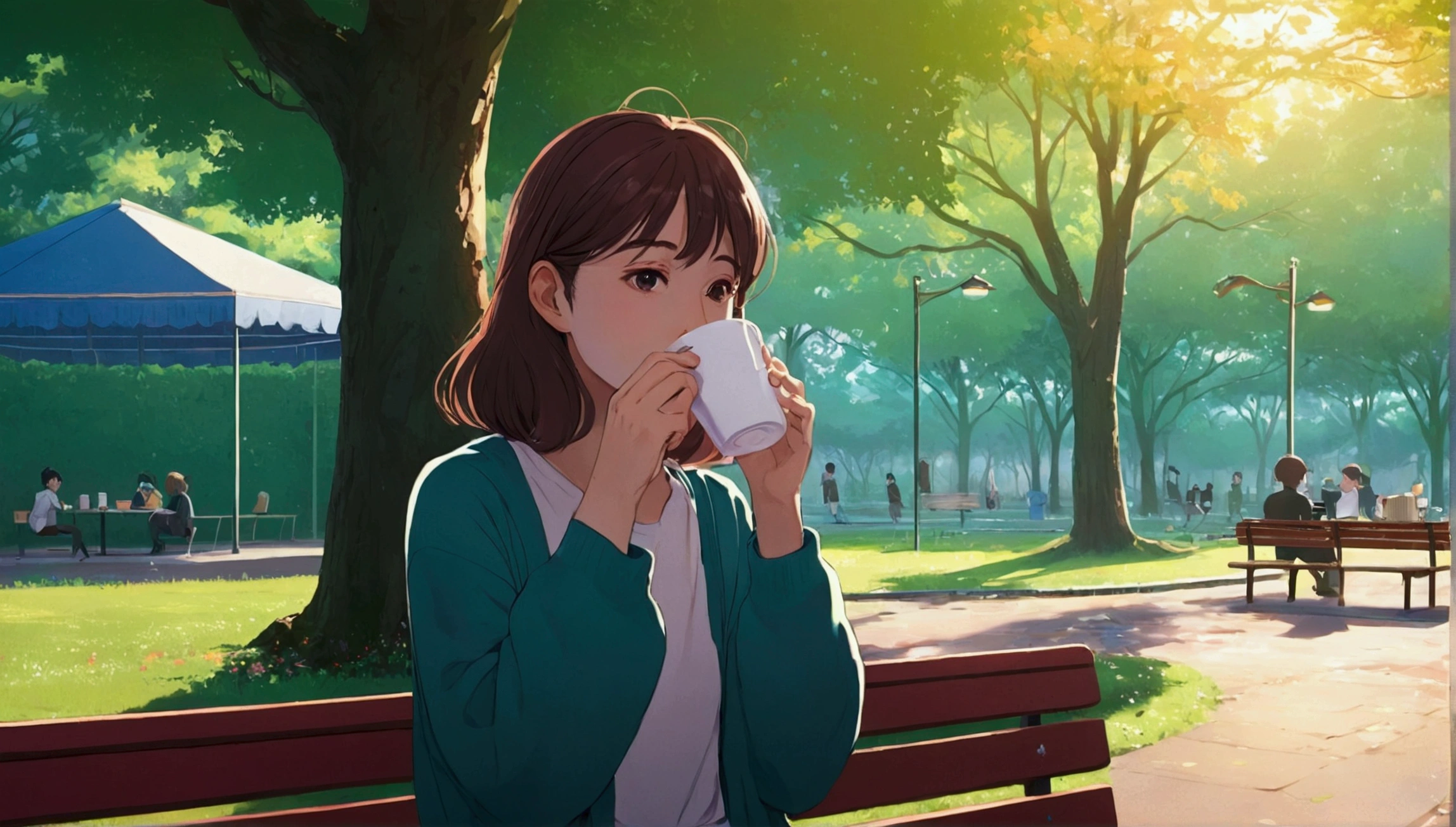 Girl drinking coffee in a cozy park in the morning、Usand von de Uvid、Anime Estilo 2D、Lo-Fi、Disco Rigid、Ambiente Escrow