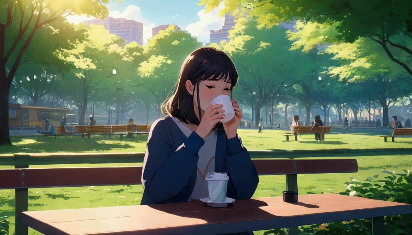 Girl drinking coffee in a cozy park in the morning、Usand von de Uvid、Anime Estilo 2D、Lo-Fi、Disco Rigid、Ambiente Escrow