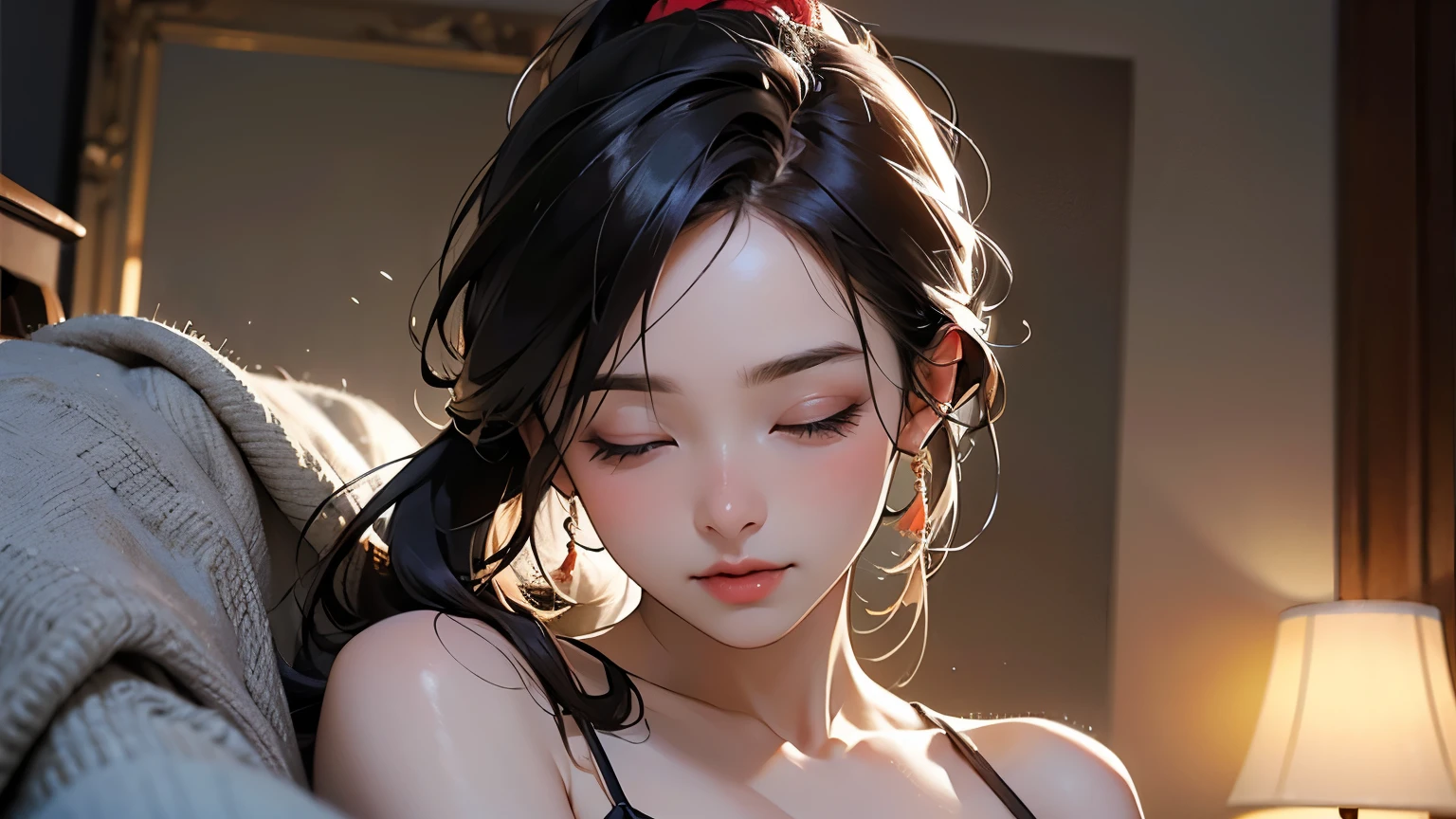 1 girl, Top quality, masterpiece, Ultra-high resolution, (Reality:1.4), RAW photos, 1 girl, Transparent spaghetti strap shirt, light, Half-length portrait, Half-length photo, bedroom, Naked but covered with blanket with long ponytail, 奇异的light, Charming atmosphere, Bokeh, Fantastic décor, 奇异的light, Charming atmosphere, Sleepy face, Close your eyes