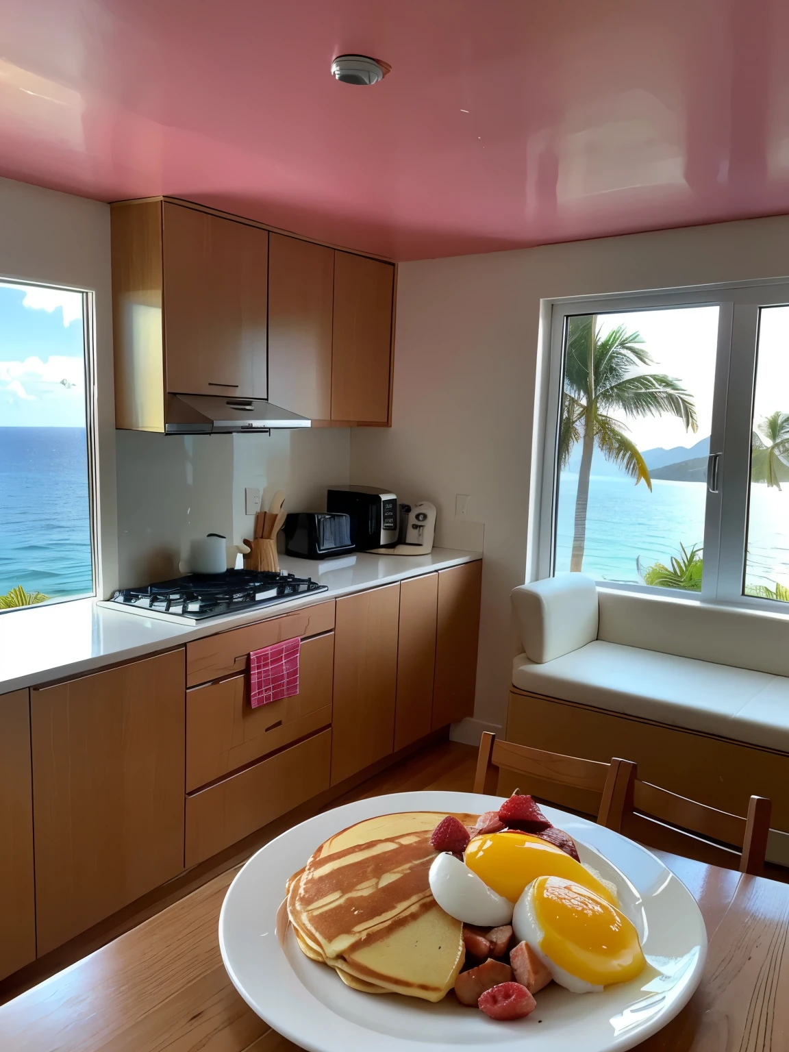 (masterpiece, best quality:1.2), professional lightings, cinematic lightings, 8k wallpaper, ((ultra realistic modern kitchen room, ultra detailed modern kitchen space)), (view palms tree via window:1.1, ocean, palm tree and beach view via window:1.25, wooden floor, pink painted walls:1.1), (ultra realistic & detailed breakfast on the plate & dishes, on counter table, pancakes, sunny side eggs, sausages, fruits on another plate, coffee cup), ((stage is on extremely tiny island)),
