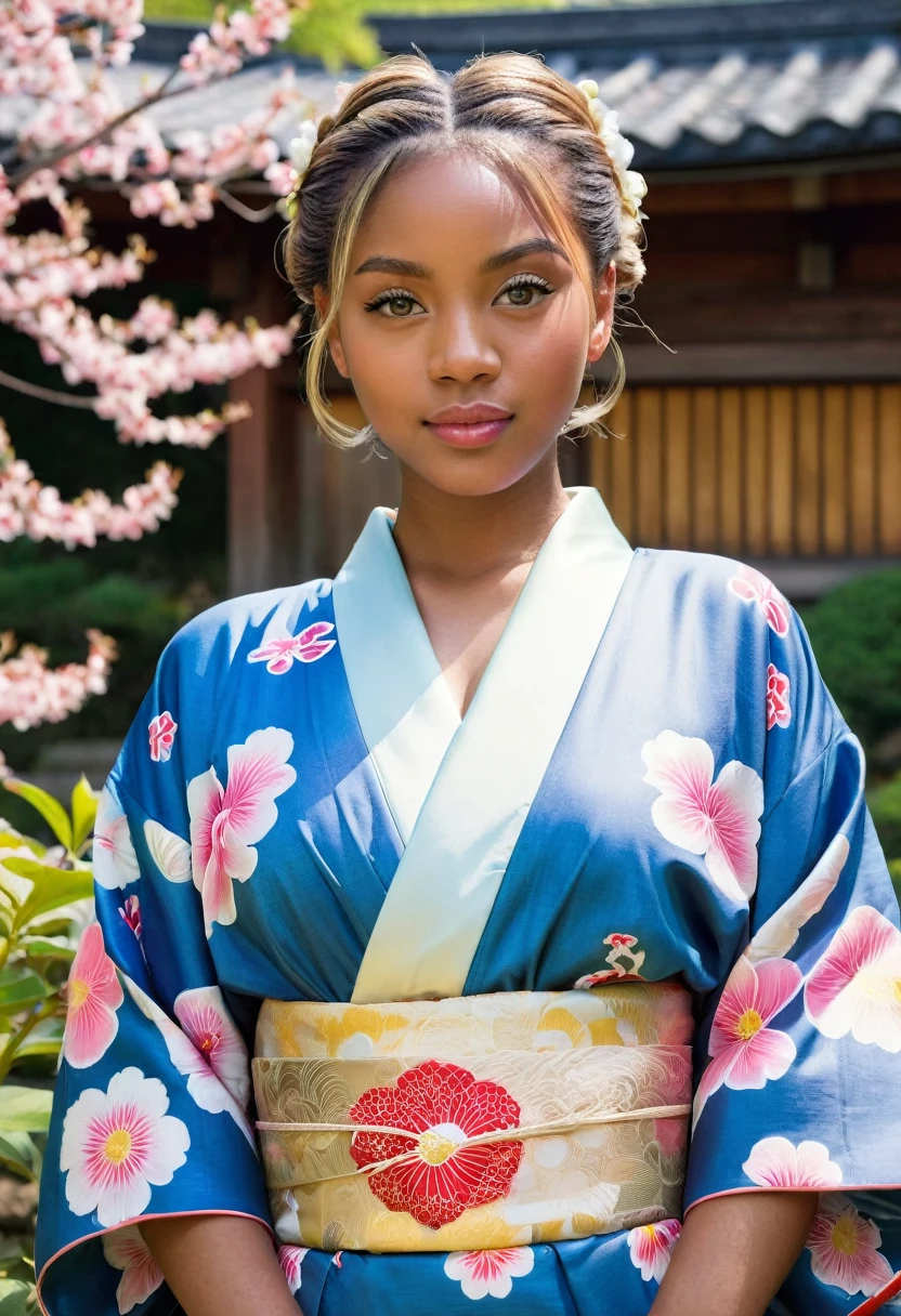Front view , (standing on garden), looking at viewer, a American Black girl, beautiful American Black Young girl is 30 years old, (Highly detailed face, Blond hair , chignon fringe, Blue eye, Variegated eyes, Fuller lips, little Lips, little smile), (big breasts, big hip), (Japanese kimono, flower pattern), standing in Japanese Palace, near Garden, sunrise ,(masterpiece, Highest quality, masterpiece, God-like quality, Godly art, Very realistic)