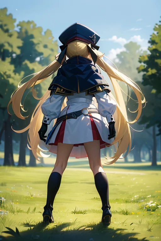 (masterpiece, Highest quality, Super detailed, 8K quality), (from behind, grassland, grassland:1.2), (full body:1.3), (1girl, Altria_caster_fgo, bbcaster, long hair, (bionde, Blonde:1.2), twintails, beret, blue headwear, blue cape, white dress, long sleeves, black gloves, blue belt:1.2), (************:0.6), standing, (fertanim:1.3), 