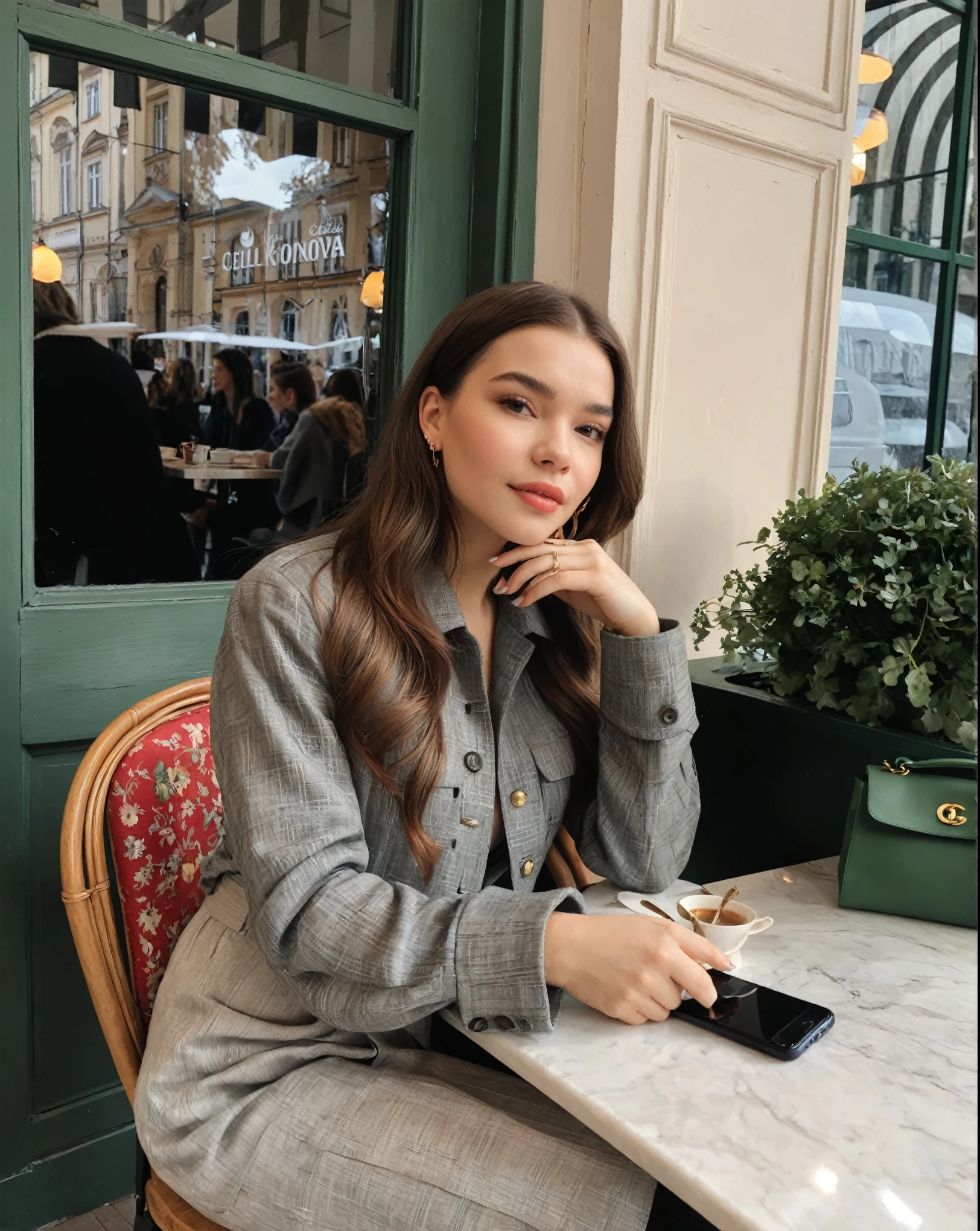 hailee steinfeld, There is a woman sitting at a table with a cell phone, Yulia Gorokhova, Anastasia Ovchinnikova, Style of Julia Razumova, by Emma Andijewska, Dasha Taran, Alina Ivánchenko, sitting in a cafe, Aleksandra Waliszewska, Portrait Sophie Mudd, Angelina Stroganova, by Gabriel Bá