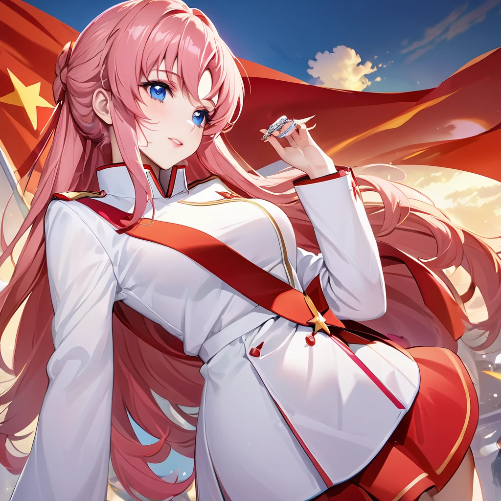 ((Highest quality)), ((masterpiece)), (detailed), (Perfect Face)、The woman is a Chinese Lacus Clyne, a Chinese woman with blue eyes and medium-long pink hair who is wearing an engagement ring. She has become a member of the glorious Chinese Communist Party and swears absolute loyalty to the Chinese Communist Party. She is a righteous Communist Party member of China.、The woman is wearing the fine uniform of a Chinese Communist Party member.、For the sake of China, their hairstyles, clothes, and everything they wear are all Chinese Communist Party items, and their thoughts are also Chinese, becoming great Chinese in body and mind.、The woman became Lacus Clyne, a Chinese woman who was proud of and loved China.、She is serving China as a member of the great Communist Party of China.、The woman is a beautiful, respectable and exemplary Communist Party member.