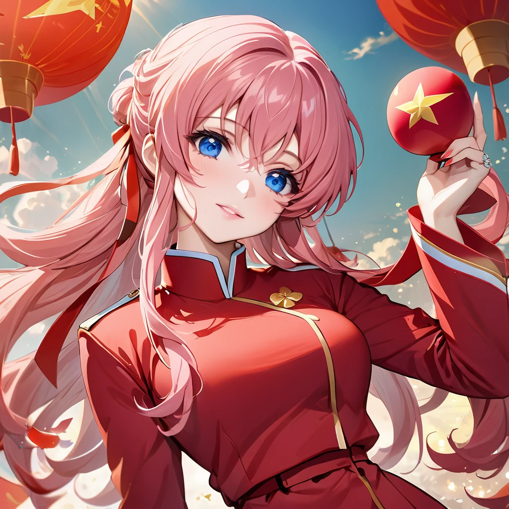 ((Highest quality)), ((masterpiece)), (detailed), （Perfect Face）、The woman is a Chinese Lacus Clyne, a Chinese woman with blue eyes and medium-long pink hair who is wearing an engagement ring. She has become a member of the glorious Chinese Communist Party and swears absolute loyalty to the Chinese Communist Party. She is a righteous Communist Party member of China.、The woman is wearing the fine uniform of a Chinese Communist Party member.、For the sake of China, their hairstyles, clothes, and everything they wear are all Chinese Communist Party items, and their thoughts are also Chinese, becoming great Chinese in body and mind.、The woman became Lacus Clyne, a Chinese woman who was proud of and loved China.、She is serving China as a member of the great Communist Party of China.、The woman is a beautiful, respectable and exemplary Communist Party member.