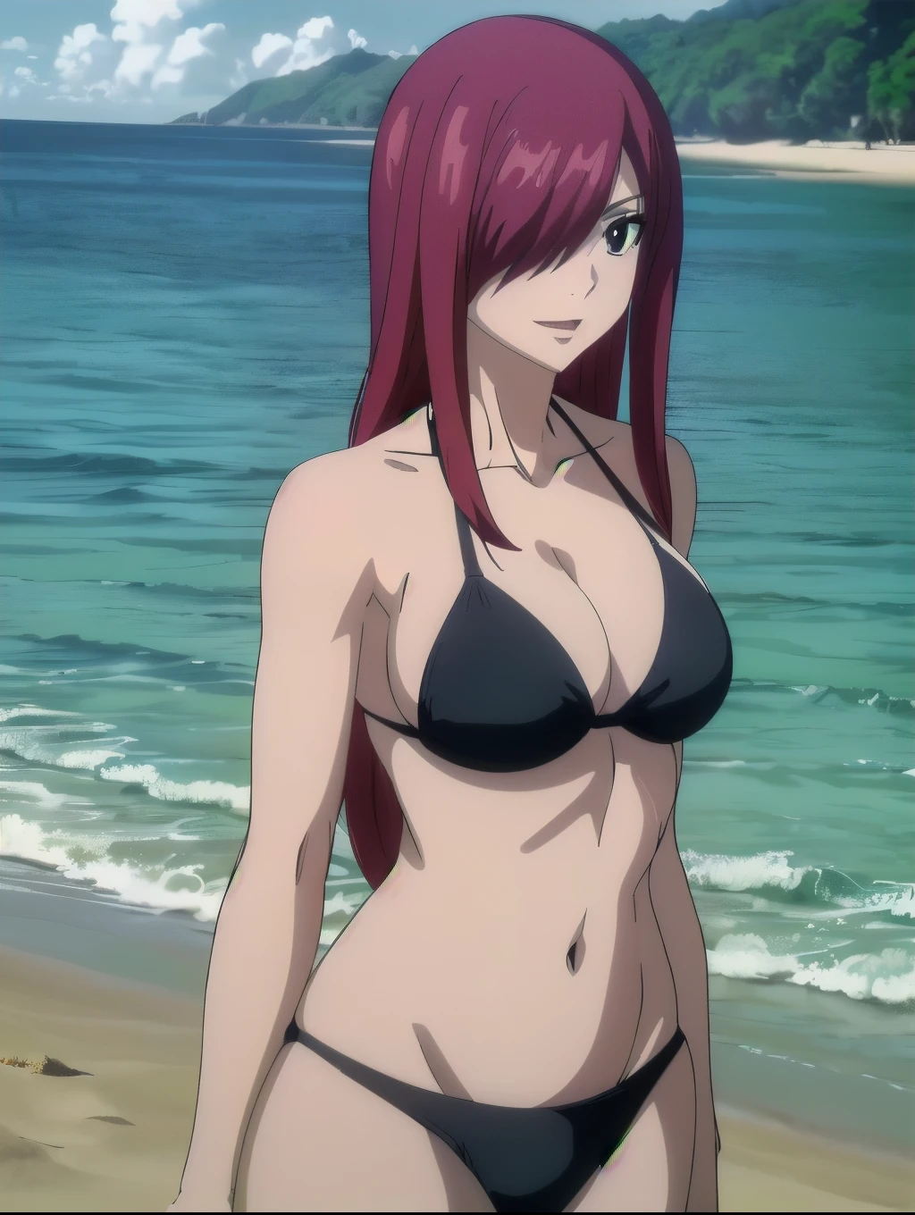 (black bikini only:1.6), groin, (vibrance:1.3), (beach during day time:1.4), (upper body:1.4), windy, tall, (focus on shoulder:1.4), ultra detailed face, perfect anatomy, (cowboy shot:1.6), from front, standing, ultra detailed body and face, ((one eye covered with hair, hair over eye)), (thick arms:1.6), perfect body proportions, (legs submerged in water:1.2), highest quality, 1girl, solo, smile, ERZASCARLET, BARE SHOULDERS, (big round breasts:1.2) cleavage, off-shoulder, tall girl, (long hair:1.7), (free flowing hair:1.4), (floating hair:1.3), ultra detailed red hair, open mouth, big eyes, (long belly:1.0), wide shoulders, beach, For the image quality, please prioritize (best quality, highres, masterpiece:1.8), itional prefixes