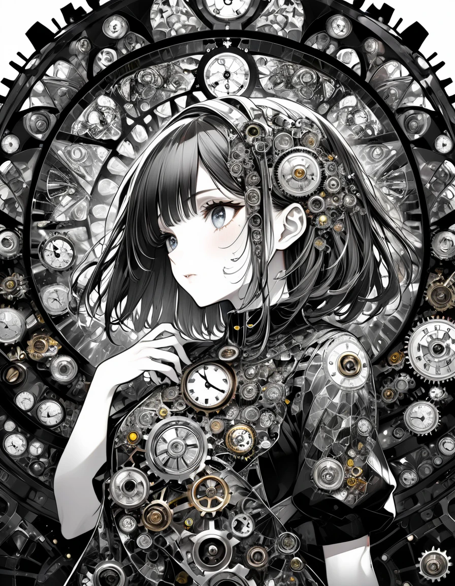 best quality, super fine, 16k, incredibly absurdres, extremely detailed, delicate and dynamic, stained glass kaleidoscope made of jewels of various colors, with mechanical mechanisms, clockwork mechanisms, and gear mechanisms, monochrome girl peering into it, iridescent world artwork 