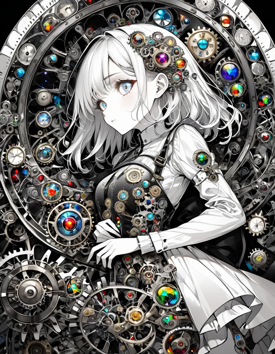 best quality, super fine, 16k, incredibly absurdres, extremely detailed, delicate and dynamic, stained glass kaleidoscope made of jewels of various colors, with mechanical mechanisms, clockwork mechanisms, and gear mechanisms, monochrome girl peering into it, iridescent world artwork 