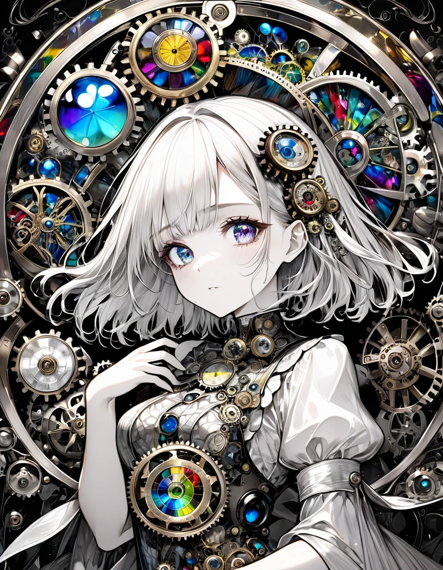 best quality, super fine, 16k, incredibly absurdres, extremely detailed, delicate and dynamic, stained glass kaleidoscope made of jewels of various colors, with mechanical mechanisms, clockwork mechanisms, and gear mechanisms, monochrome girl peering into it, iridescent world artwork 