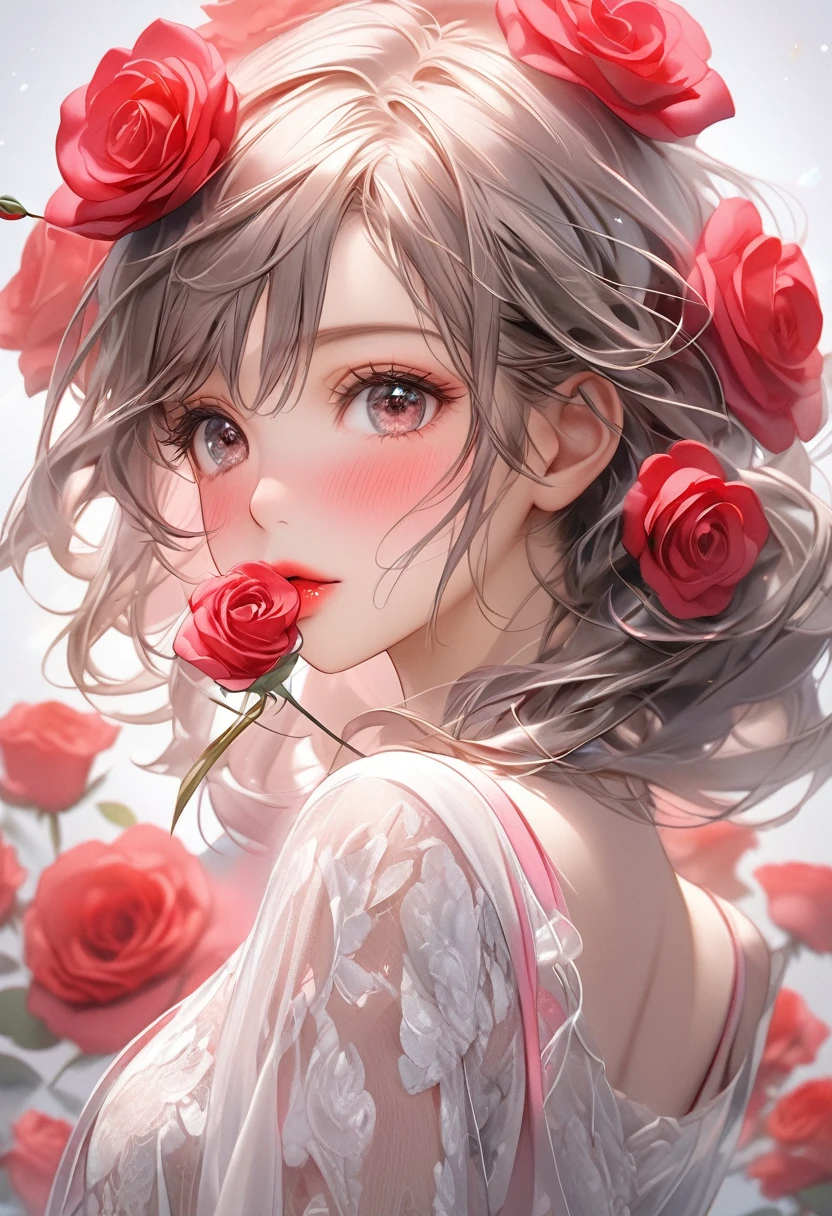 Multiple Exposure, masterpiece:1.2, Highest quality, High resolution, 16K, Beautiful details, Ultra-realistic, Photorealistic:1.37, Beautiful and cute girl, Dance Flamenco, With a rose in her mouth, growing glay eye, shining student, Blushed, Shiny rosy lips, Beautiful delicate(hair, face, eye, student, Flamenco costumes, ), Full Body View
