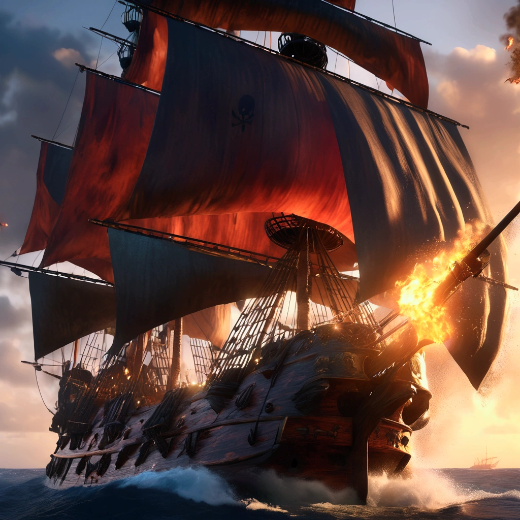 (best quality,4k,8k,highres,masterpiece:1.2), Pirates ship, wide shot, 1boy, Francis Drake ordered the assault, fire, ultra-detailed,vivid colors,(realistic,hyper realistic,best quality,8k,highres,masterpiece:1.2), hands, cinematic lighting, 