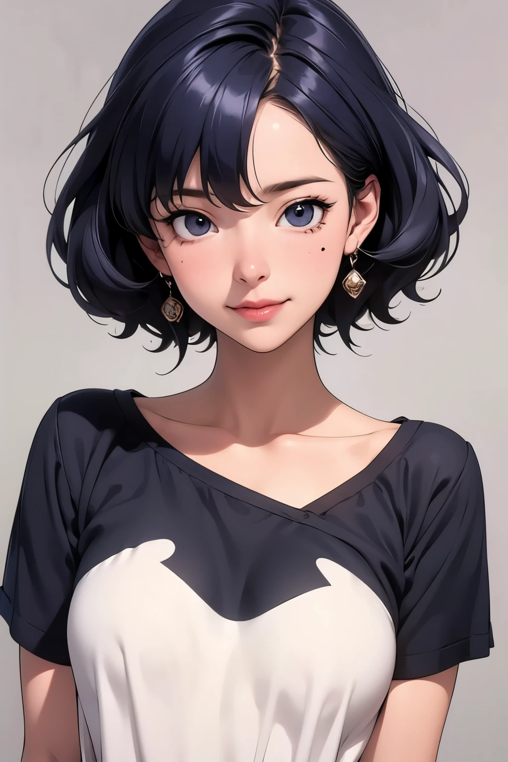 Cut and sewn tops T-shirt Deep U-neck Plain Thin Slimming, short curly black hair, detailed eyes, detailed face, detailed skin, sidelong glance, narrow eyes, gentle expression, casual background, mole under eye