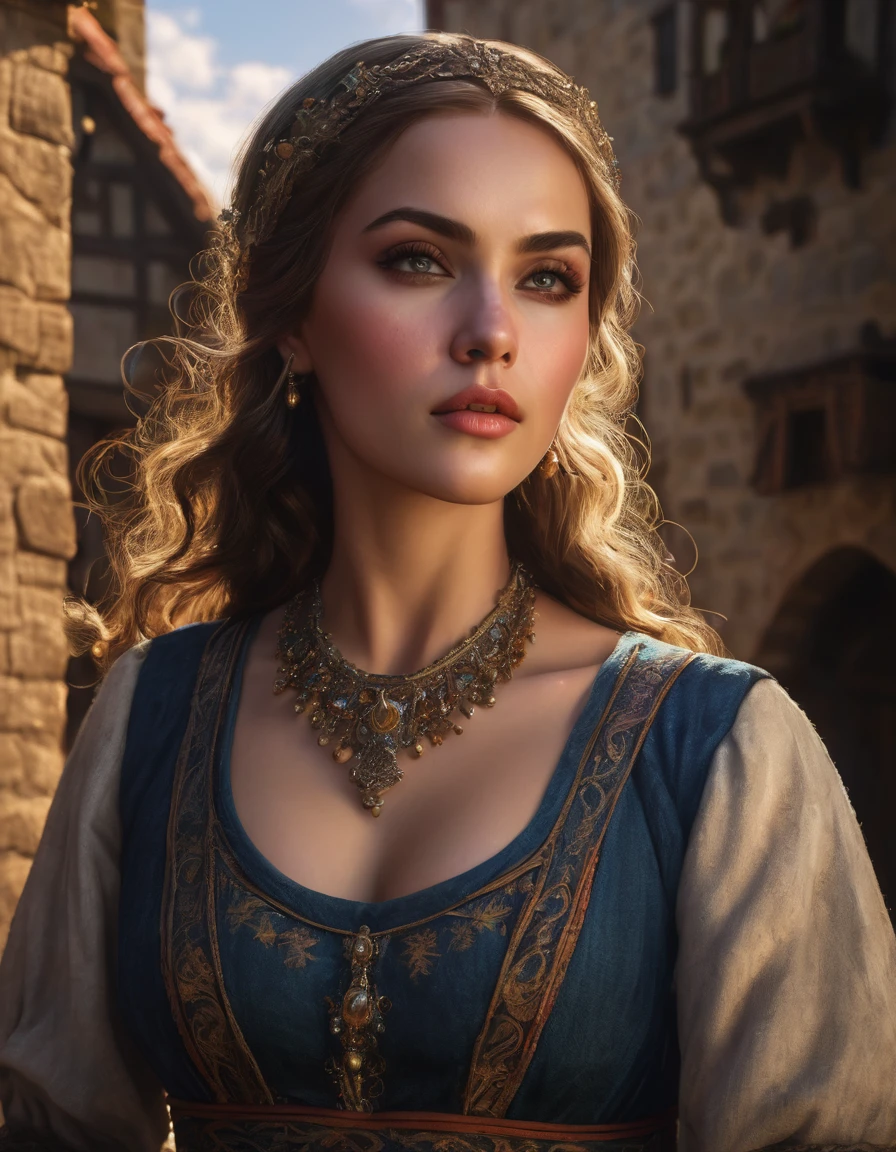 beautiful busty woman, peasant, fantasy, dirty, detailed face, beautiful eyes, detailed lips, long eyelashes, detailed clothing, ornate dress, medieval style, cinematic lighting, vibrant colors, dramatic shadows, highly detailed, 8k, photorealistic, masterpiece
