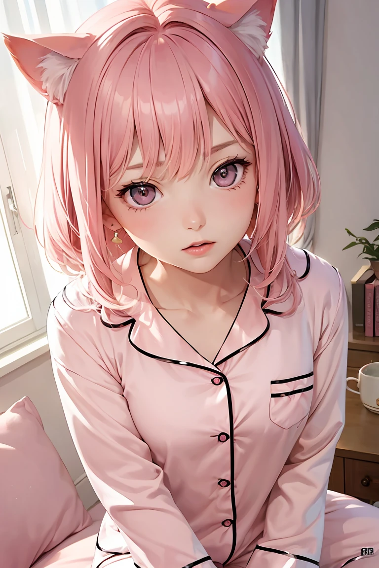 masterpiece, top quality, best quality, official art, beautiful and aesthetic,, , 1girl with cat ear, perfect figure, pink hair, complex details, secondary animation style, bedroom, sunny, refused to touch, (pink pajamas:1.5), face with panic, hiding behind men ,