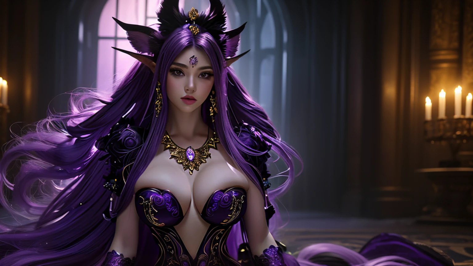 Actual image of a girl kneels gracefully, adorned in a revealing, intricately designed outfit featuring purple and black tones, embellished with ornate gold patterns. Big breast. View to the viewer. She has long, flowing white hair and pointed, fox ears. Behind her, 9 tails of purple and white creating a mystical atmosphere. Her expression is soft and inviting, enhancing her enchanting presence. Photos have high detail. High quality