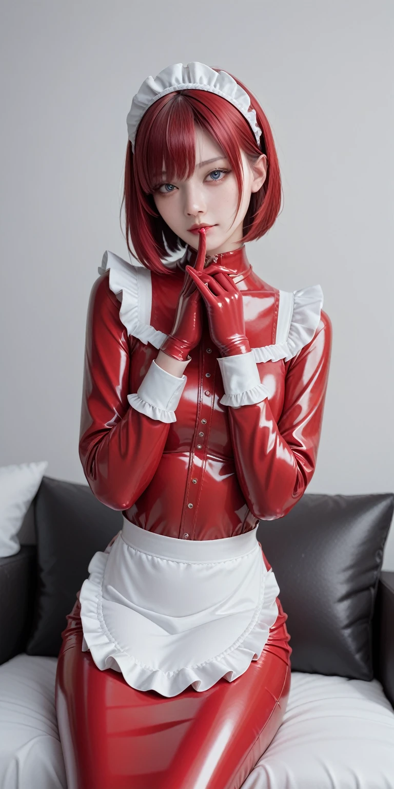 Bust up shot、(masterpiece,Highest quality,Ultra-high resolution),Japanese women, Bob hair with bangs、Maid Headband、(((Very beautiful 25 year old girl))),(Red long sleeve latex maid outfit)、((Red mermaid type latex long skirt))、(A long-sleeved red latex shirt covering the upper body)、Red latex gloves、Red latex socks、Red latex bodysuit、Frills、The clothes fit snugly to the body、Latex is very shiny、Dark Room、Sit on the bed