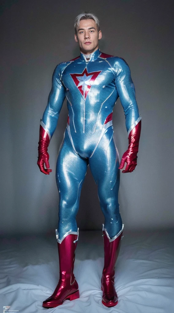 (realistic,hyper-detailed,8k,DC comic superhero,Captain Atom,captainatom),
(silver suit,silversuit),
(red gloves,redgloves),
(red boots,redboots)