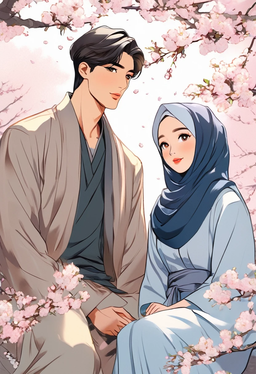 a pair of handsome and beautiful lovers like Korean idols. sitting in a cherry blossom garden, a woman wearing a beautiful hijab and a man in casual clothes. manga style, digital art, by Marshall Arisman, cover illustration, 70mm, 7 0 mm, 70 mm, book cover illustration, by Brigette Barrager, album cover, novel cover art for a book, art concept for a book cover, cover art, 7 feet tall,