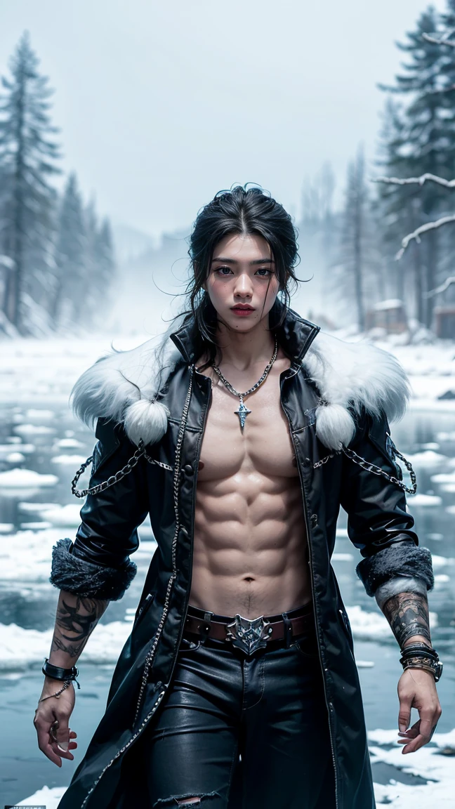 "Depict Ancient Apparition (Kaldr) from DOTA game in his Frozen Tempest attire, no having clothes,featuring intricate icy patterns and frost-covered chains, have massive k-cups, standing in the heart of a frozen lake with shattered ice floes and eerie, glowing mist."