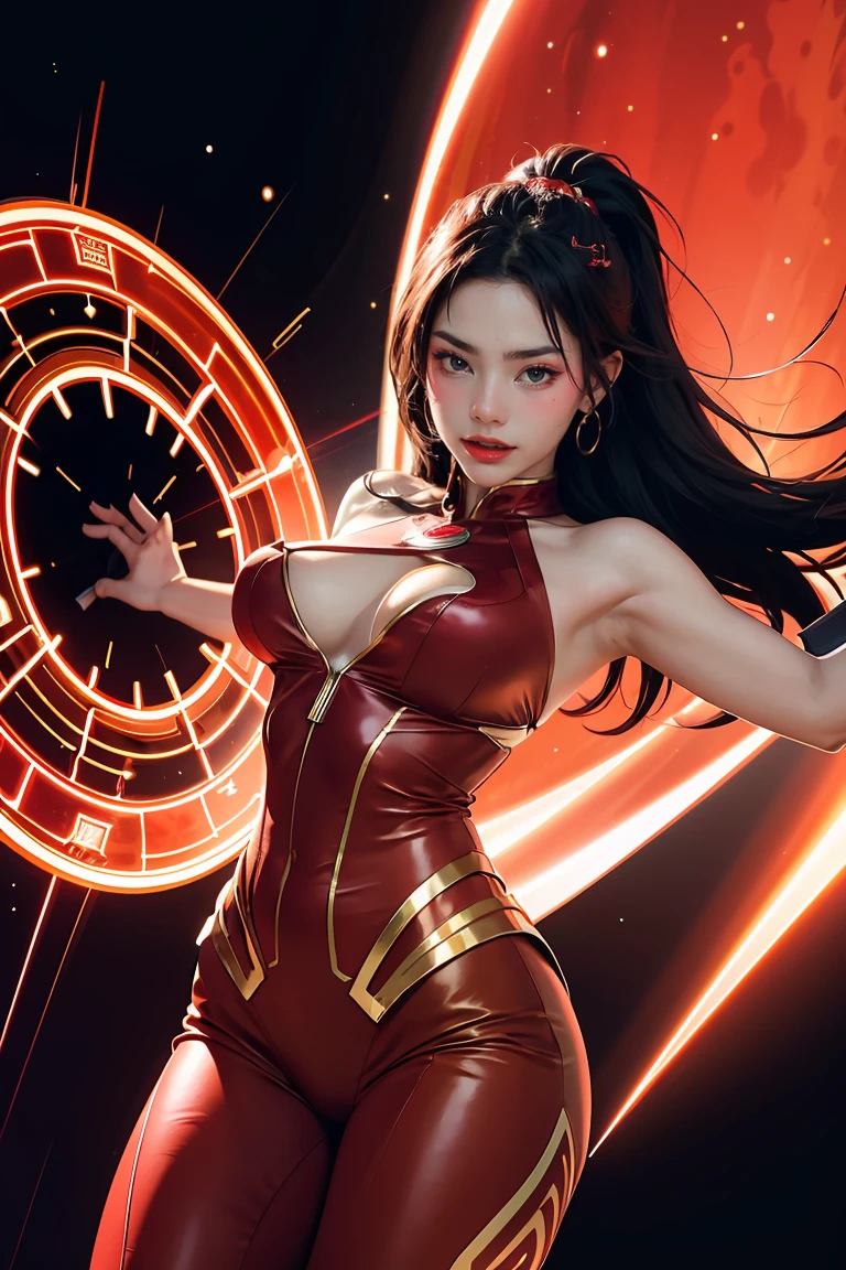 (best quality, 4k, highres, photorealistic), (concept art: 1.2), (bright colors: 1.1), (glowing effect: 1.1), (intense red: 1.2), (dynamic pose: 1.1), (powerful aura: 1.2), (fierce expression: 1.1), (sparkling eyes: 1.1), (flowing hair: 1.1), (ethereal beauty: 1.3), (background: cosmic scenery), (cosmic energy: 1.2), (vibrant stars: 1.1), (energy beams: 1.1), (futuristic technology: 1.2)

A beautiful woman with lined lips, wearing a red bodysuit that tightly hugs her muscular and toned skin. Her outfit covers her navel and is adorned with intricate makeup designs. She is the iconic Red Lantern, a superhero from the DC Comics universe with extraordinary powers.

This version of Red Lantern is a muscular and powerful female character, wearing an all-red uniform that accentuates her figure. Her bodysuit is fitted to her form, emphasizing her curves. The viewer's attention is drawn to her medium-sized breasts, which are beautifully detailed and add to her realism and overall aesthetic.

As she looks directly at the viewer, her captivating gaze is enhanced by the realism of her eyes, which sparkle with intensity. Her expression is fierce and determined, displaying her unwavering dedication to protecting the innocent.

The artwork is of the highest quality, with a resolution of 4K, showcasing every ultra-detailed aspect of the beautiful woman. The photorealistic style brings her to life, making her appear as if she could step off the canvas and into reality.

The artist has captured the essence of red Lantern's power and aura, with a vibrant and dynamic pose. Her body emanates a powerful and glowing green energy, forming a captivating cosmic scenery background. The starry night sky is filled with vibrant and vivid colors, giving the artwork an otherworldly feel.

The cosmic energy radiating from red Lantern is depicted through energy beams and futuristic technology surrounding her. The intensity of her power is further emphasized by the bright and glo