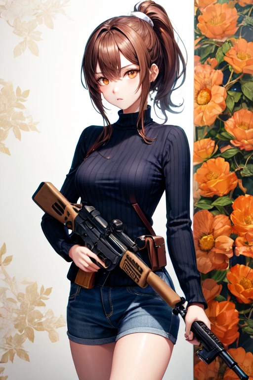 brown ponytail hair girl, orange eyes, using gun, wallpaper