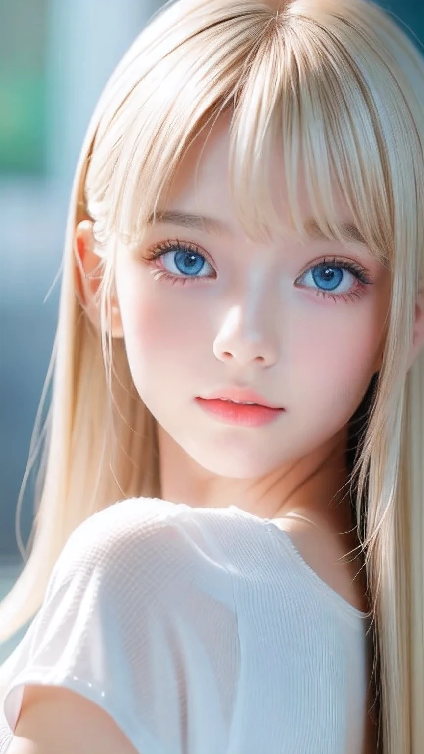 Unparalleled beauty, Extremely white, firm and lustrous skin, Bangs between the eyes, Beautiful shiny, straight, natural platinum blonde, Super long, straight, silky, beautiful blonde hair, eyeliner, A truly beautiful girl、Sexy beautiful innocent 14 years old, Beautiful, large, light blue eyes that sparkle like jewels., Beautiful and lovely girl, Baby Face, Short sleeve shirt、Ample Bust、Small Face Beauty、Round face、Cheek highlighter