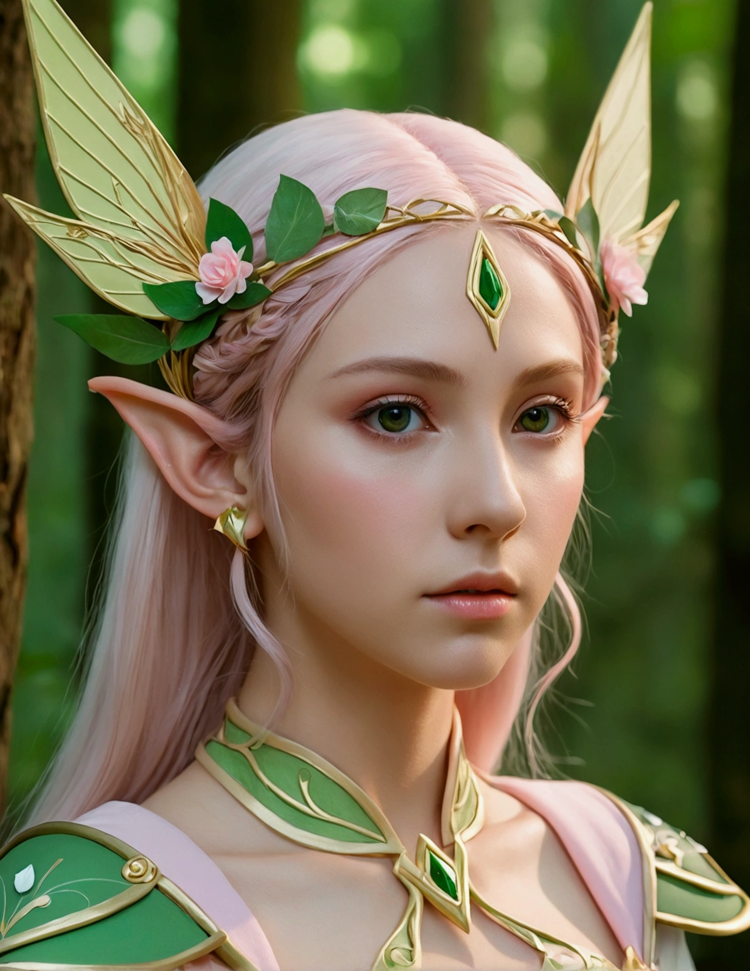 An elf princess in the forest, pointy ears, in the style of light pink and light green, anime aesthetic, detailed costumes, i can't believe how beautiful this is, photo-realistic techniques, birds & flowers, light gold and green，close up shot