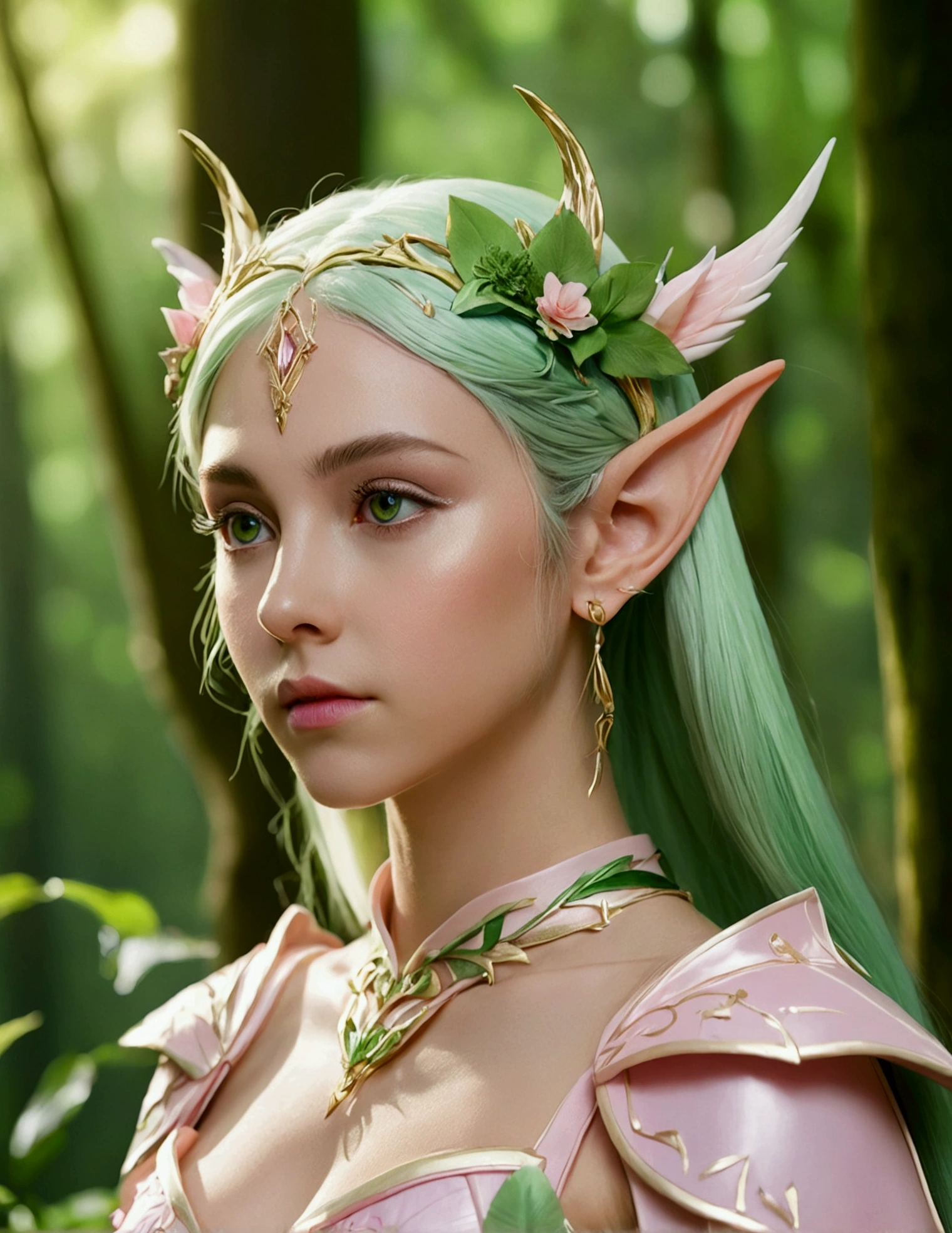 An elf princess in the forest, pointy ears, in the style of light pink and light green, anime aesthetic, detailed costumes, i can't believe how beautiful this is, photo-realistic techniques, birds & flowers, light gold and green,close up shot