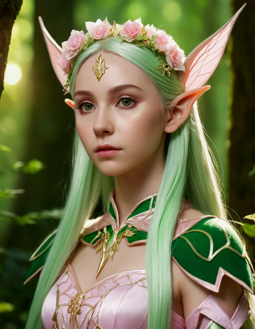 An elf princess in the forest, pointy ears, in the style of light pink and light green, anime aesthetic, detailed costumes, i can't believe how beautiful this is, photo-realistic techniques, birds & flowers, light gold and green,close up shot