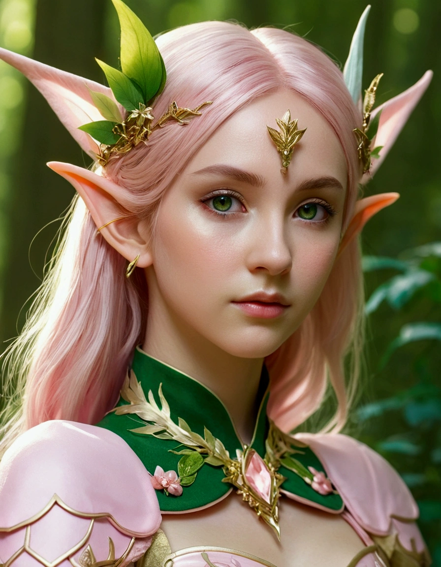 An elf princess in the forest, pointy ears, in the style of light pink and light green, anime aesthetic, detailed costumes, i can't believe how beautiful this is, photo-realistic techniques, birds & flowers, light gold and green，close up shot