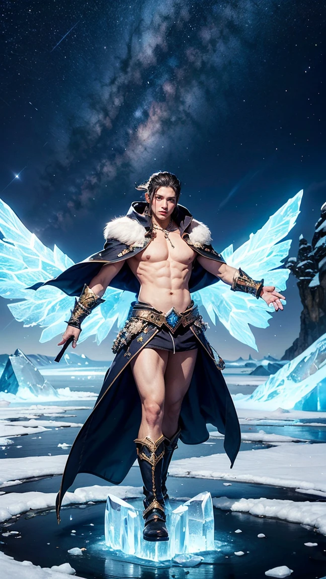 "Show Ancient Apparition (Kaldr) from DOTA game in his Glacial Spirit skin, no having clothes,with transparent ice wings and a flowing, icy cloak, have massive k-cups, hovering over a glacier with towering icebergs and a crystal-clear, starry night sky."

