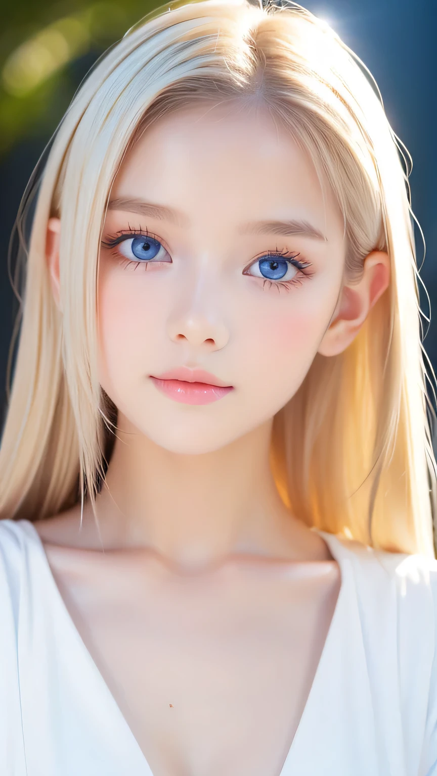 Unparalleled beauty, Extremely white, firm and lustrous skin, Bangs between the eyes, Beautiful shiny, straight, natural platinum blonde, Super long, straight, silky, beautiful blonde hair, eyeliner, A truly beautiful girl、Sexy beautiful innocent 14 years old, Beautiful, large, light blue eyes that sparkle like jewels., Beautiful and lovely girl, Baby Face, Short sleeve shirt、Ample Bust、Small Face Beauty、Round face、Cheek highlighter