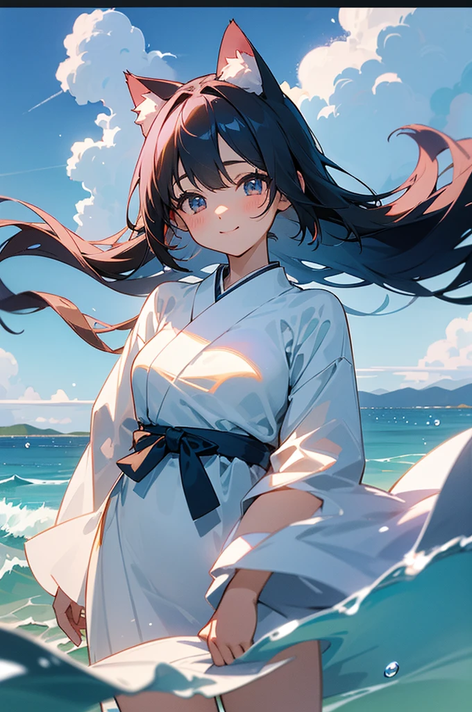 With clear blue sky and sea in the background、A scene of a smiling Japanese girl wearing cat ears。Beautiful girl has long hair、Fluttering in the wind。
The beautiful girl has a bright smile、It has large, clear eyes。Her face has pale pink cheeks、Gives a cute impression。She has cat ears、Its ears are white and fluffy。
With the blue sea spreading in the background、It depicts a clear blue sky with floating clouds.。Ocean waves splashing around the beautiful girl、The sparkling water droplets create a fantastic atmosphere.。
The beautiful girl is wearing a thin white dress、It flutters in the wind and spreads out。The dress is decorated with delicate lace、The transparent material reflects light and shines beautifully.。
The beautiful girl is standing naturally、She turns her face slightly and smiles。Her posture is relaxed、The relaxed shoulders emphasize the softness.。
It was shot in portrait mode.、It emphasizes the beauty&#39;s whole body and the expanse of the background.。The way the light hits it is exquisite、It creates soft shadows on the beautiful girl&#39;s face and outfit.。Use shallow depth of field to blur the background、Focus on beautiful girls。Use natural light、The overall image is bright and transparent.。
