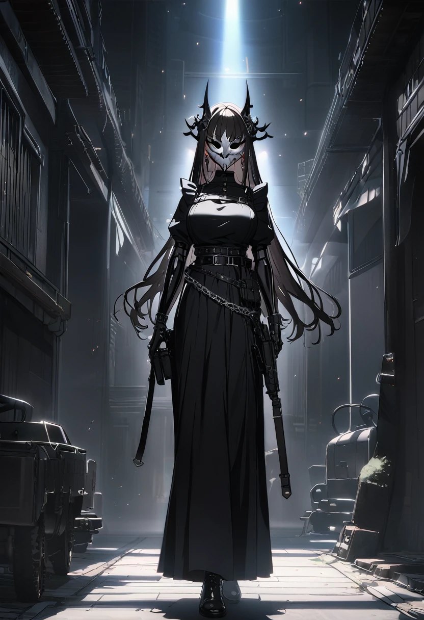 Dark brown hair, earrings, webbed belt, tactical, pouches, chain, black maid outfit, frills, apron, weapon Holster, webbed belt, long skirt, metal gloves, black thighhighs, large breasts, long hair, kitsuna mask, full face mask, faceless, white mask, japanese mask, hidden face, ominous vibe, aesthetic light glow, shadowy, Ultra quality, UHD, high detail, anime aesthetic, Anime screenshot, Ultra quality, UHD, high detail