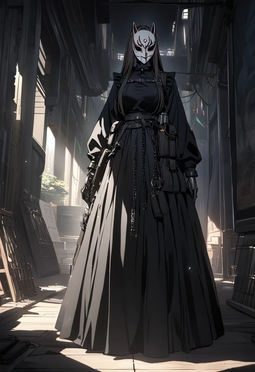 Dark brown hair, earrings, webbed belt, tactical, pouches, chain, black maid outfit, frills, apron, weapon Holster, webbed belt, long skirt, metal gloves, black thighhighs, large breasts, long hair, kitsuna mask, full face mask, faceless, white mask, japanese mask, hidden face, ominous vibe, aesthetic light glow, shadowy, Ultra quality, UHD, high detail, anime aesthetic, Anime screenshot, Ultra quality, UHD, high detail
