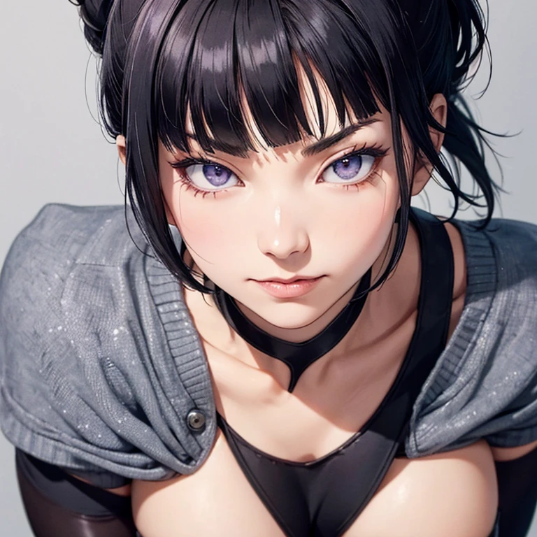 Han Juri,alone, masterpiece, Highest quality, sour, Grey sweater, Black leotard, Are standing, View your viewers, short hair,eye,Wicked Smile, Evil look, Han Juri,Black gloves,Blue clothes,Yandere face,Low light,Healing thigh detail cup,Looking Ahead、Exposed breasts、Exposed Skin、
