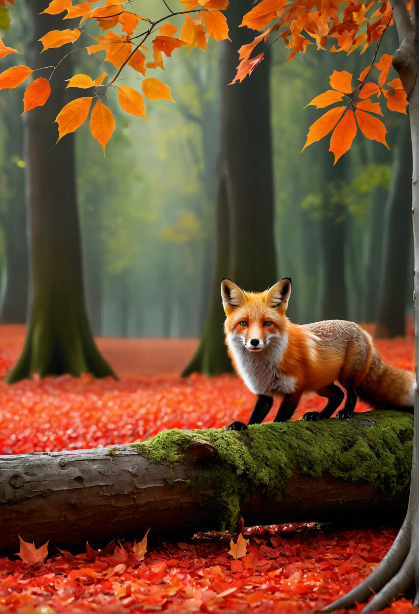 (Best Quality,4K,8K,hight resolution,masutepiece:1.2),Ultra-detailed,(Realistic,Photorealistic,Photorealsitic:1.37),Colorful autumn landscape, Fox,cute fox,autumn forest,Fox in a maple leaf cloak,Hidden Fox,Tree roots,rainy day,tranquil atmosphere,maple trees,Colored leaves,Color Fox,dark green and orange leaves,,peaceful environment,Natural lighting,Soft raindrops,Leaves in the ground,Gentle fog,The sparkling sun illuminates the forest,Majestic tree trunk,Quiet loneliness,Magical atmosphere,moon