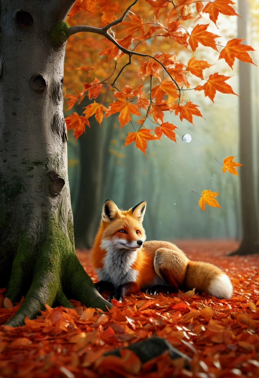 (Best Quality,4K,8K,hight resolution,masutepiece:1.2),Ultra-detailed,(Realistic,Photorealistic,Photorealsitic:1.37),Colorful autumn landscape, Fox,cute fox,autumn forest,Fox in a maple leaf cloak,Hidden Fox,Tree roots,rainy day,tranquil atmosphere,maple trees,Colored leaves,Color Fox,dark green and orange leaves,,peaceful environment,Natural lighting,Soft raindrops,Leaves in the ground,Gentle fog,The sparkling sun illuminates the forest,Majestic tree trunk,Quiet loneliness,Magical atmosphere,moon