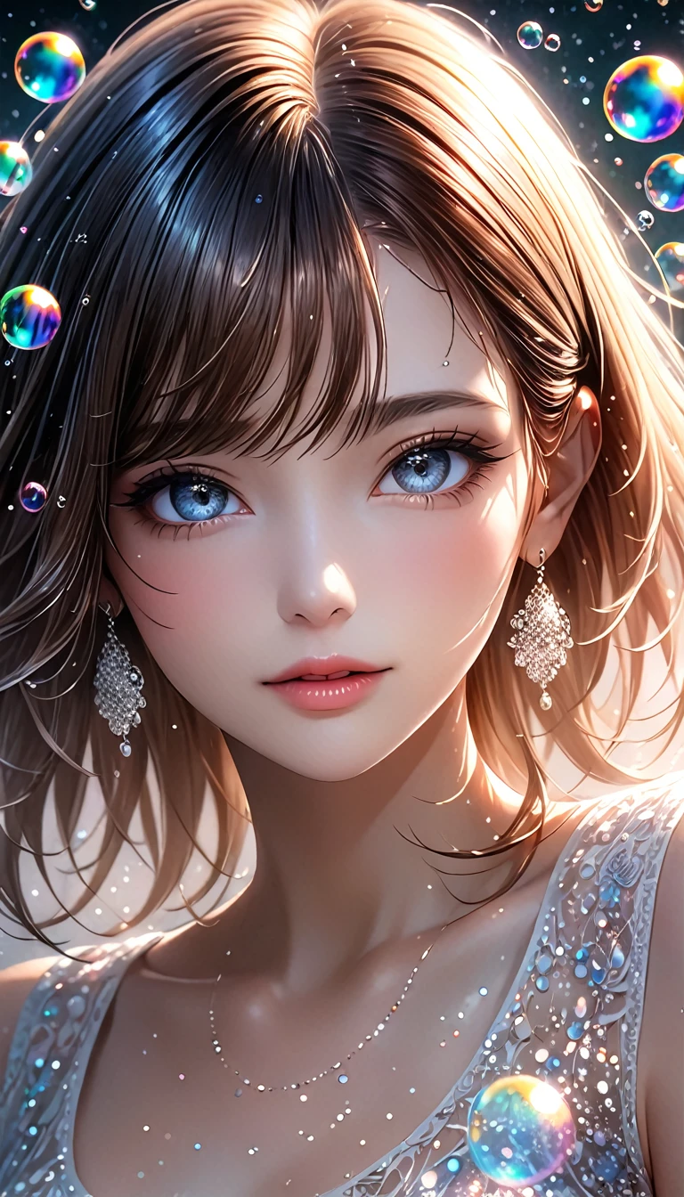 beautiful woman, portrait, shading effects, gradation magic effects, glitter effects, soap bubbles effects, foggy filter effect, (ultra detailed, absolutely resolution, best quality:1.3), 2.5D, delicate and dynamic, artistic photography, hyper realistic, graphic CG digital art