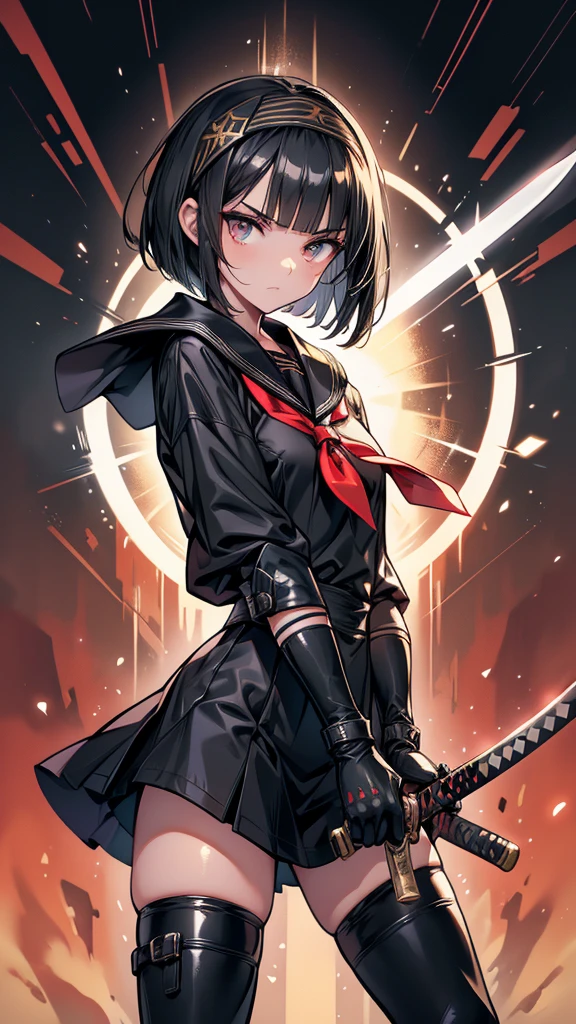 mature　Bobcut　Black Hair　expensive　Narrow eyes　Glaring at me　Glare　frivolous attitude　Black Sailor Suit　Armor　Wear a headband around your forehead　tiny hand　Hand guard　gloves　Black boots　Holding a Japanese sword　battlefield