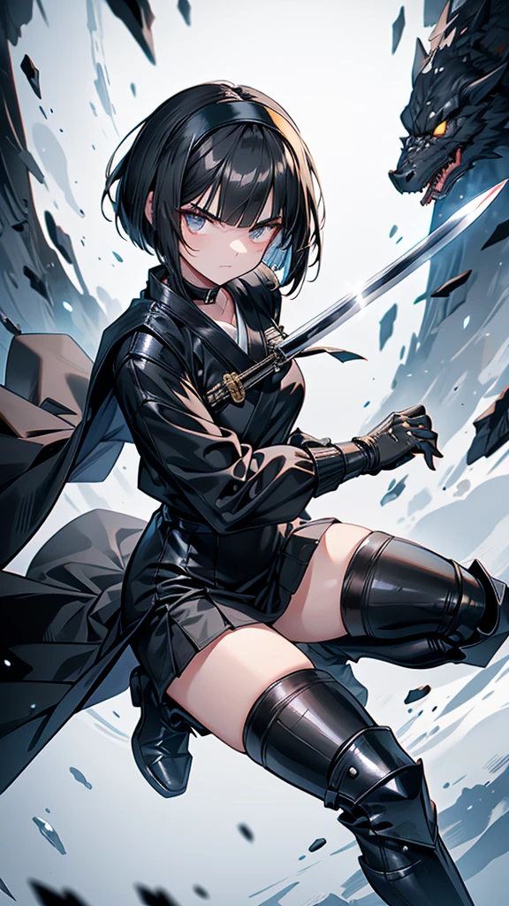 mature　Bobcut　Black Hair　expensive　Narrow eyes　Glaring at me　Glare　frivolous attitude　Black Sailor Suit　Armor　Wear a headband around your forehead　tiny hand　Hand guard　gloves　Black boots　Holding a Japanese sword　battlefield