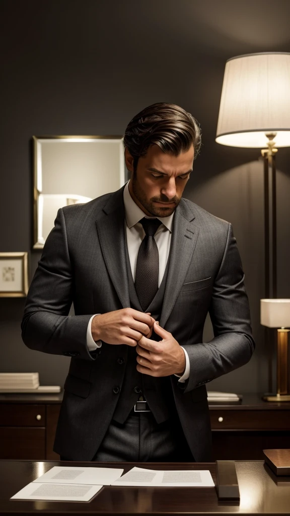Create an ultra-realistic, 16k resolution image of a man in a sharp, tailored suit holding a small, shattered mirror close to his face. The man’s expression should be solemn and introspective, with visible hints of weariness in his eyes. The shattered mirror pieces should reflect highly detailed, fragmented images: a distant family photo, symbols of success like a gold trophy or briefcase, and a faint, lonely office scene in the background.The background should depict a dimly lit, modern office with deep shadows and subtle, cold lighting that accentuates the contours of the man’s face and the sharp edges of the mirror fragments. The overall color palette should be dark, with deep blacks, rich grays, and muted gold tones to create a somber, reflective atmosphere.Incorporate a soft focus effect for the background to ensure the man and the shattered mirror are the focal points. Add texture to the suit fabric and the mirror’s surface to enhance realism, and use high contrast and sharp detail to emphasize the brokenness and emotional weight of the scene. Ensure the image conveys a dark, introspective mood consistent with Valorgi’s style."